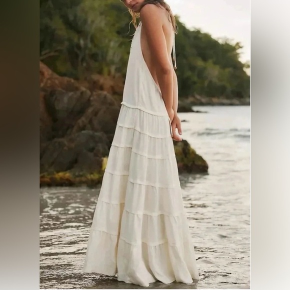 Free People Somewhere Sunny Drop Waist Halter Maxi Dress in White Swan - Picture 1 of 7